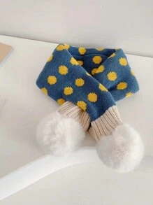 1條配色圓點十字編織兒童圍巾,適用於男女寶寶的冬季保暖圍頸 - 藍色 - 查看 2