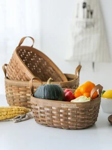 1個木片編織的零售收納籃,手提水果籃、蔬菜籃、麵包籃、野餐籃 - 咖啡棕 - 查看 1