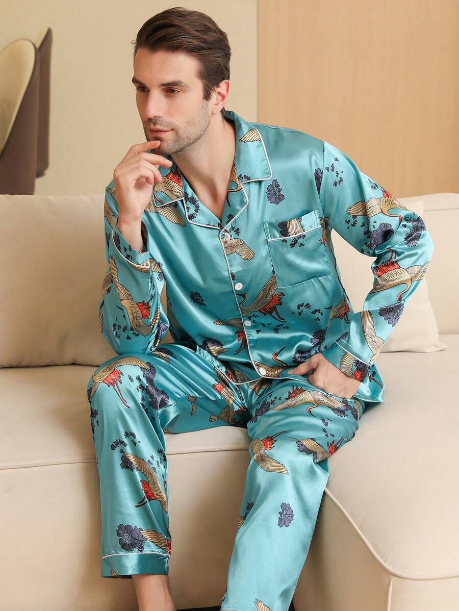 2入組男士冰絲鶴印花家居服套裝 - 綠色 - 查看 1