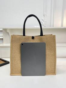 1入組愛心托特包,大容量禮物手提包,便攜式可重複使用的購物袋,大容量購物袋,簡單的粗麻托特包,輕便的旅遊沙灘儲物手提袋,情人節禮物 - 卡其色 - 查看 3