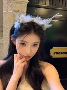 1入聖誕格紋鹿角頭帶,蝴蝶結裝飾,女孩/女士鹿角頭帶,派對攝影道具 - 銀色 - 查看 3