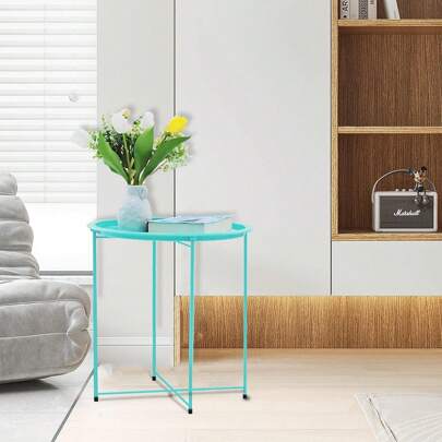 Folding Tray Metal Side Table White Round End Table Cyan Sofa Small Accent Fold-Able Table, Round End Table Tray, Next To Sofa Table, Snack Table For Living Room And Bed Room