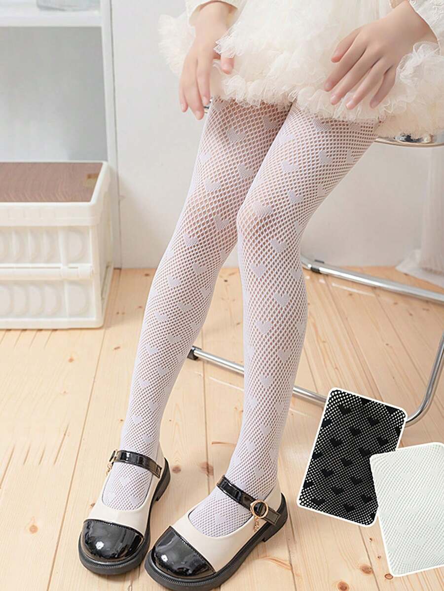 1對幼兒女童心形蕾絲襪子,透氣舒適的公主絲襪,搭配連衣裙和短裙非常完美 - 白色 - 查看 1