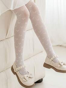 1對幼兒女童心形蕾絲襪子,透氣舒適的公主絲襪,搭配連衣裙和短裙非常完美 - 白色 - 查看 3