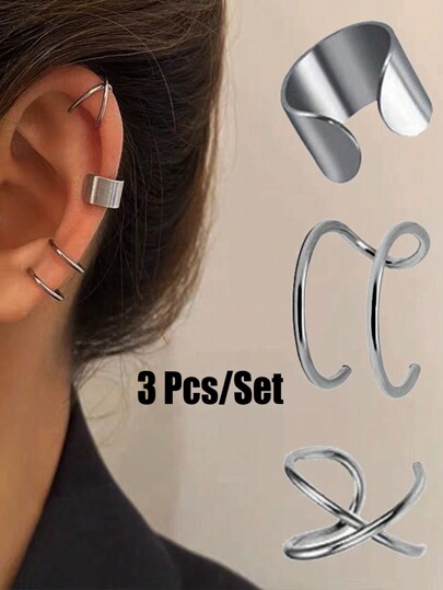 3pcs/Set Men's And Women's Simple No Piercing Ear Clip Earrings, Stainless Steel Fashionable Ear Cuff, Unisex