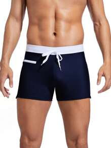 Men's Square Cut Swim Trunks With Drawstring, Colorblock Design - Navy Blue - View 2