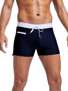 Men's Square Cut Swim Trunks With Drawstring, Colorblock Design - Navy Blue - View 4