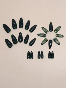 24入組復古風杏仁形長假指甲套裝，深綠色，適合日常穿著，提升您的優雅 - 彩色 - 查看 2