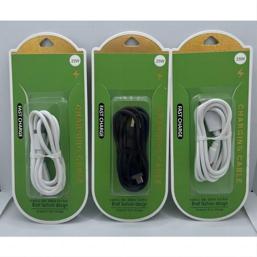 Kit Com 10 Cabo Usb 25w Turbo Compatível V8 Type C iPhone - Envio aleatório (preto, branco) - Visão 1