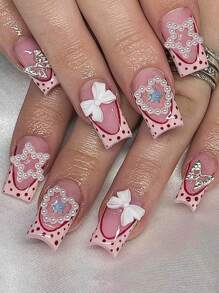 24入組中碼方形優雅高貴珍珠愛心星型白色蝴蝶結斑點法式全套假指甲,適用於女士和女孩 - 彩色 - 查看 1