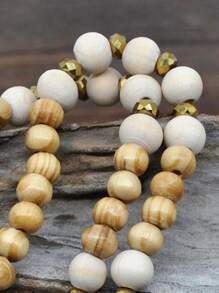 1pc Vintage Wooden Beads Tassel Necklace, Handmade Bohemian Peace Symbol Pendant For Women, Sweater Chain