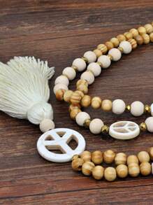 1pc Vintage Wooden Beads Tassel Necklace, Handmade Bohemian Peace Symbol Pendant For Women, Sweater Chain