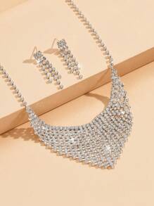 1 Set Fashion Retro Full Rhinestone Bridal Jewelry Set, Necklace And Earrings