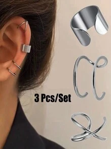 3入組男女皆適用的簡約無須穿耳的耳夾耳環,不鏽鋼時尚耳環,中性款式
