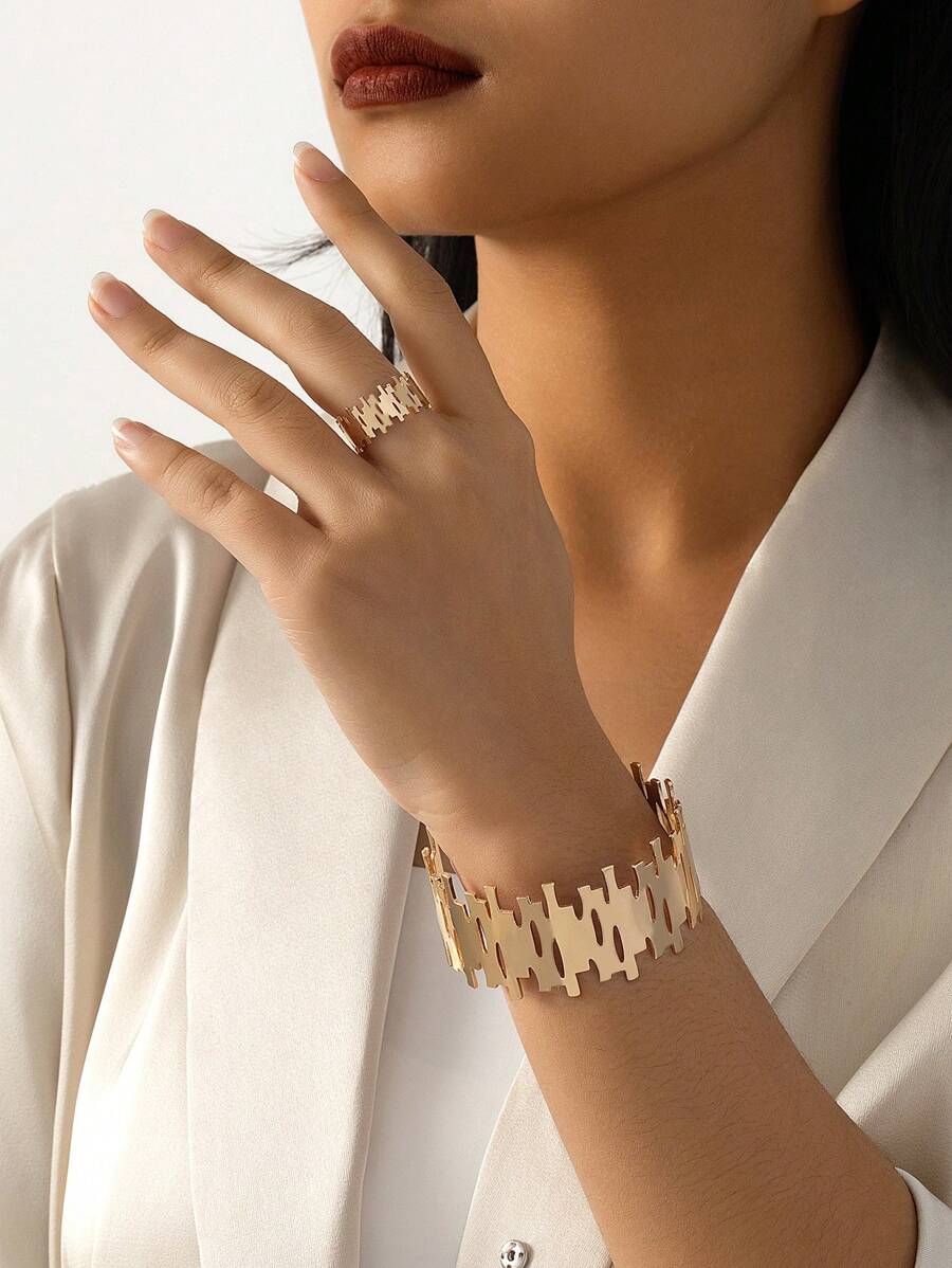 1 套新款简约几何手镯和戒指，适合节日或日常佩戴的女士手饰 - 金黃色 - 查看 1