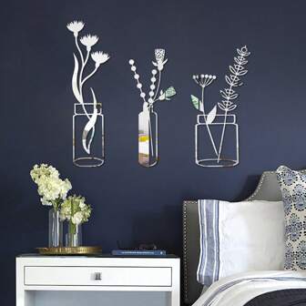 3pcs/Set Acrylic 3d Hollow Out Flower Vase With Mirrored Surface, Diy Wall Mirror Decals Stickers For Home Decoration, Modern Style Self Adhesive Removable Waterproof For Living Room, Dining Room, Bedroom, Bathroom, Party Decoration, Holiday Decoration