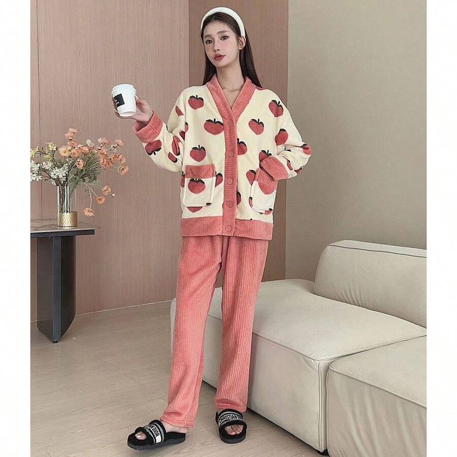 1 Bộ Đồ Ngủ Ô Long Đào Dành Cho Nữ, Thân Thiện Với Làn Da & Dày Ấm Áp, Thích Hợp Cho 80kg, Mềm Mại Và Thoải Mái - Màu Hồng San hô - Xem 1