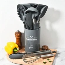 Stainless Steel Handle Silicone Cooking Utensils Set, 15pcs Kitchen Cooking & Baking Tools Set - Grey - View 7