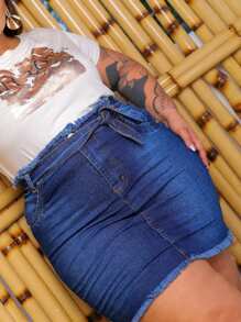 Plus Size Denim Skirts - 深色水洗藍 - 查看 3