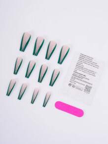 24入組長形棺材形綠色&v字型閃粉設計假指甲,配備1支果凍膠和1支指甲檔,適用於美麗女性的美甲裝飾 - 綠色 - 查看 3