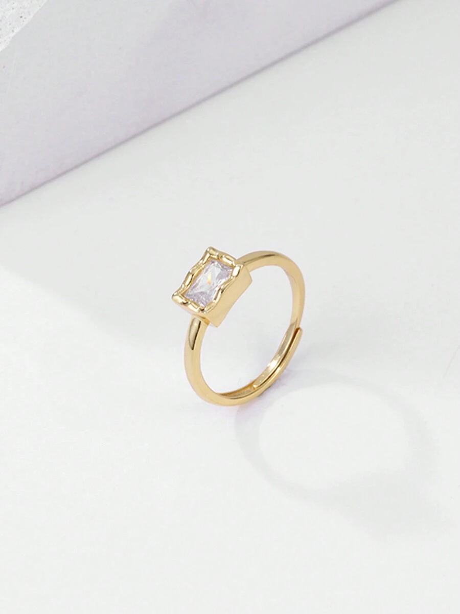 1枚時尚的s925純銀法式方形開口戒指,嵌有方形立體鋯石,輕奢18k鍍金女款戒指,適用於情人節禮物 - 正方形  石 - 查看 1