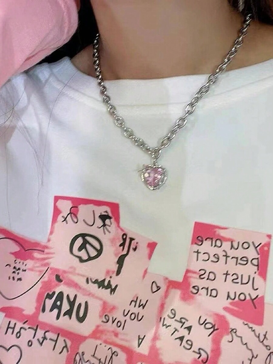 Pink Rhinestone & Heart Pendant Decorated Necklace For Daily Wear