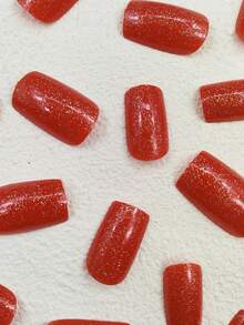 Upgrade Your Style! 24pcs/set Red Sparkle Ballet Shaped False Nails + 1pc Jelly Glue + 1pc Nail File, Perfect For Daily Dating - Multicolor - View 4