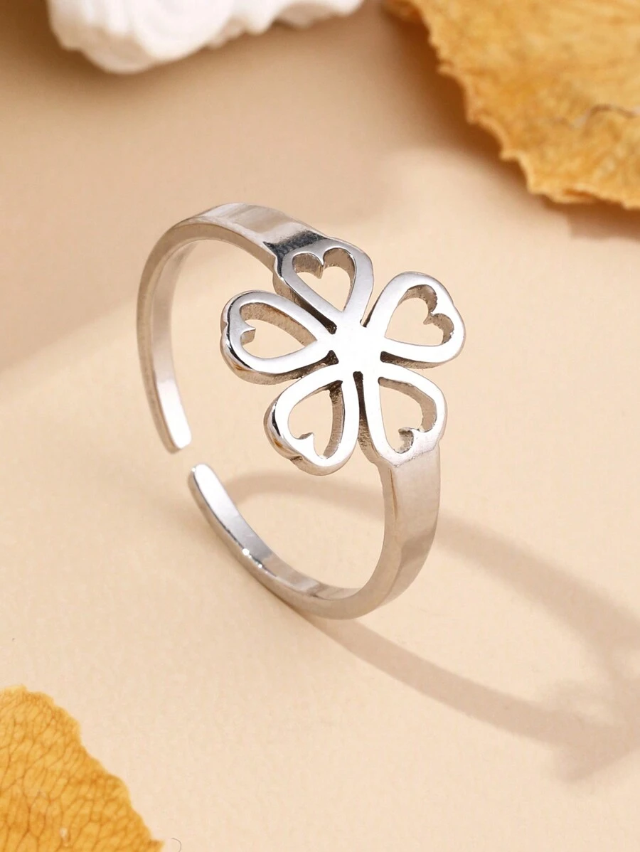 1pc Silver-Tone Five-Petal Flower Ring, Suitable For Daily Wear - Silver - View 1