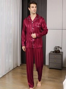 Two Pieces Sets Men's Satin Pajama Set Long Pants Silk SleepRobe Button Style Long Sleeved Striped Letter Embroidery Top & Pants Home Clothing For Spring And Autumn Loungewear, Fall Winter Clothes, For Christmas