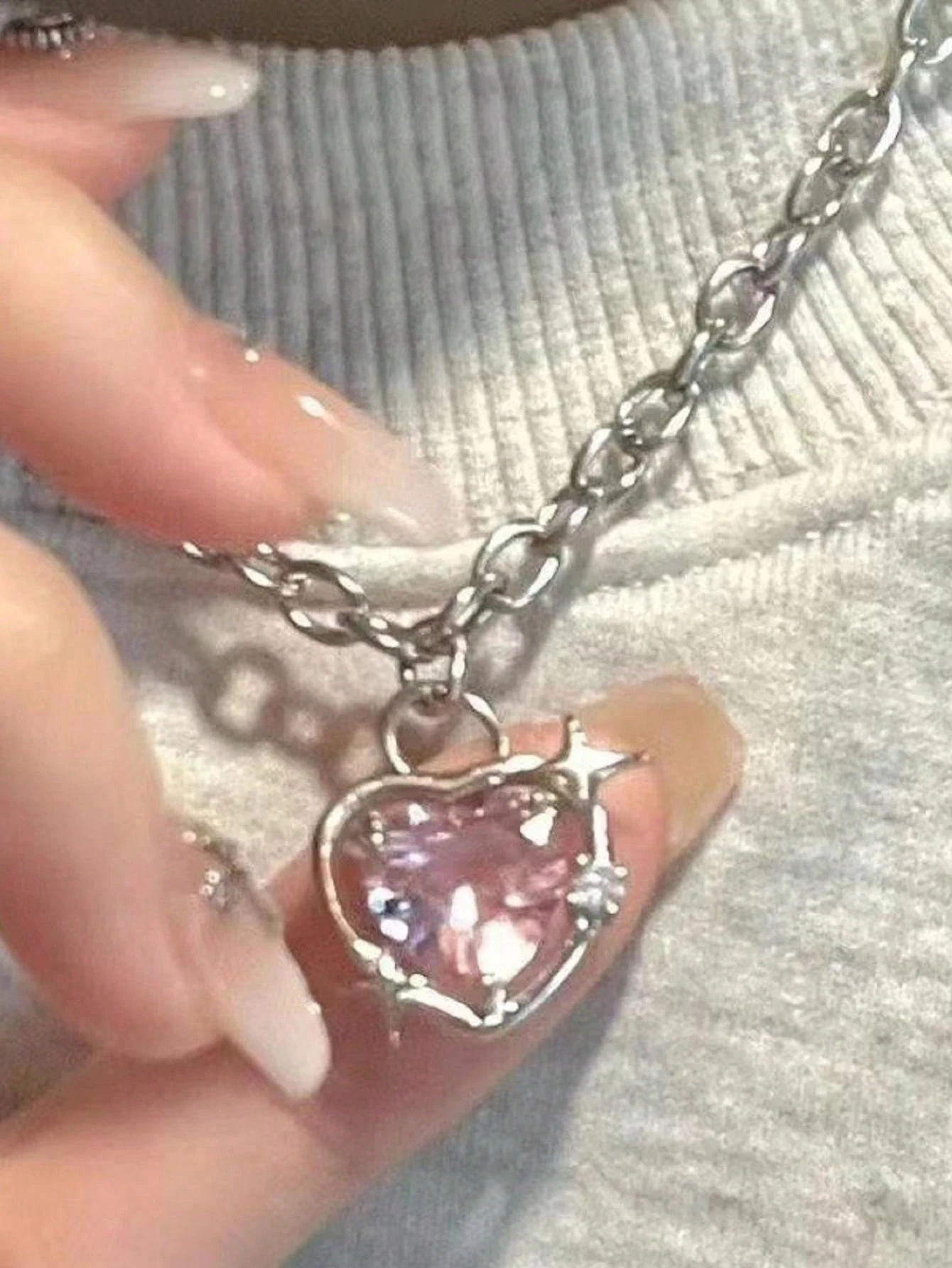 Pink Rhinestone & Heart Pendant Decorated Necklace For Daily Wear