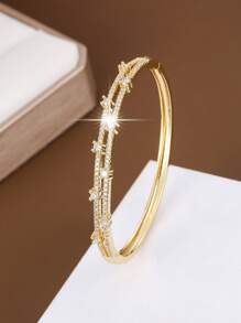 1pc Fashionable Double Row Cubic Zirconia Copper Bangle For Girls - Multicolor - View 2