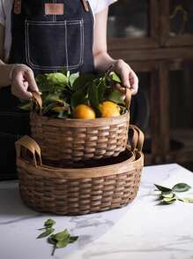 1個木片編織的零售收納籃,手提水果籃、蔬菜籃、麵包籃、野餐籃 - 咖啡棕 - 查看 6