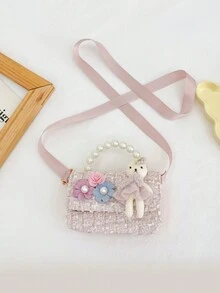 时尚仿珍珠包可爱甜美兔子花朵装饰公主包儿童手提包单肩斜挎包卡哇伊糖果包女童扣式零钱包浅色毛线翻盖方包幼儿童小学生纯色休闲包适合女童儿童小学生日常出游使用旅行配件 - 粉色 - 查看 5
