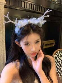 1入聖誕格紋鹿角頭帶,蝴蝶結裝飾,女孩/女士鹿角頭帶,派對攝影道具 - 銀色 - 查看 4