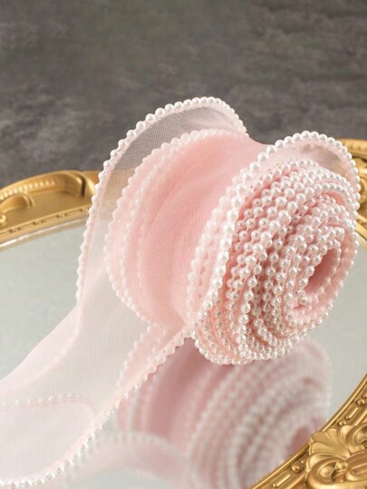 1pc Faux Pearl Decor Mesh, 72 Inch Pink Garment Decoration, Flower Wrapping Ribbon, For DIY Crafting