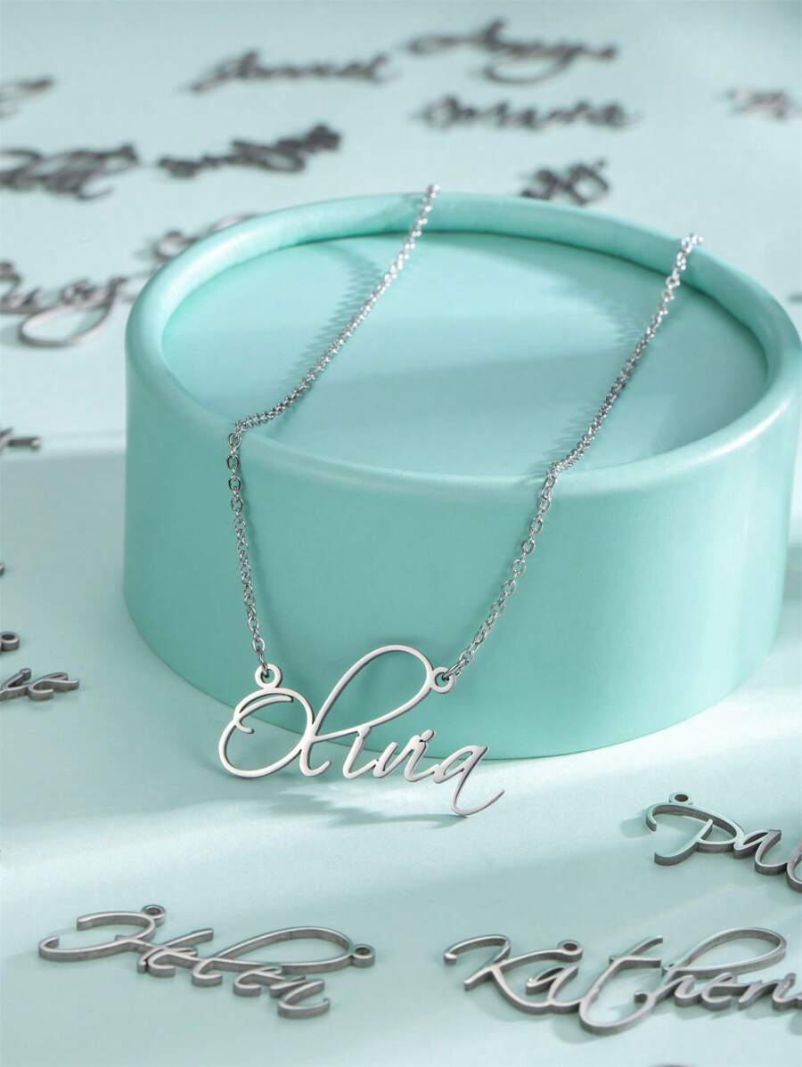 定制項鍊名字首飾項鍊,個性化不鏽鋼激光切割名字項鍊名字稻草書項鍊吊墜項鍊吸引力女士名字假日裝飾禮物女友禮物(只支援英文字母項鍊) - 銀色 - 查看 1