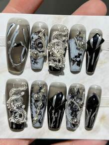 10 件纯手工制作的哥特风格长棺材指甲，带有 3d 不对称银龙浮雕和渐变线装饰，全覆盖假指甲套装，适合派对、舞会和工作。配备 1 件果冻胶、1 件指甲锉，可重复使用按压指甲美甲用品 - 彩色 - 查看 7