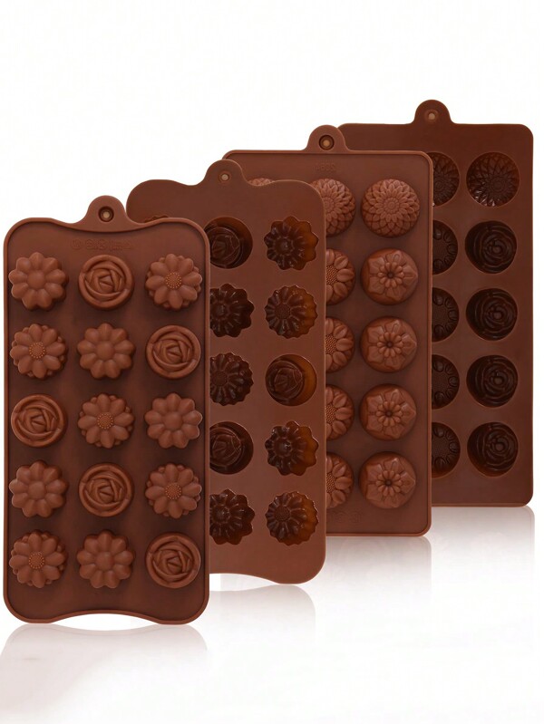 4pcs 15-cavity Silicone Cake Molds With 4 Different Flower Shapes For Making Chocolate, Pudding, Ice Cubes And Cookies Diy Baking Molds
