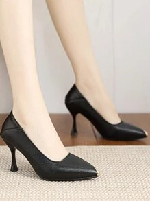 女式高跟鞋柔軟皮革空姐鞋黑色舒適防滑工作鞋,薄高跟 - 黑色 - 查看 2