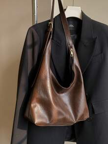 韓式時尚簡約大容量女士手提袋,適用於上班和通勤,純色多用途肩袋 - 咖啡棕 - 查看 3