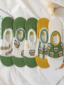 5pairs/Set Random Yellow Green Cartoon Boat Design Anti-Skid Silicon Anti-Slip Shallow Low Cut Invisible Socks For Girls' Spring/Summer - Multicolor - View 2