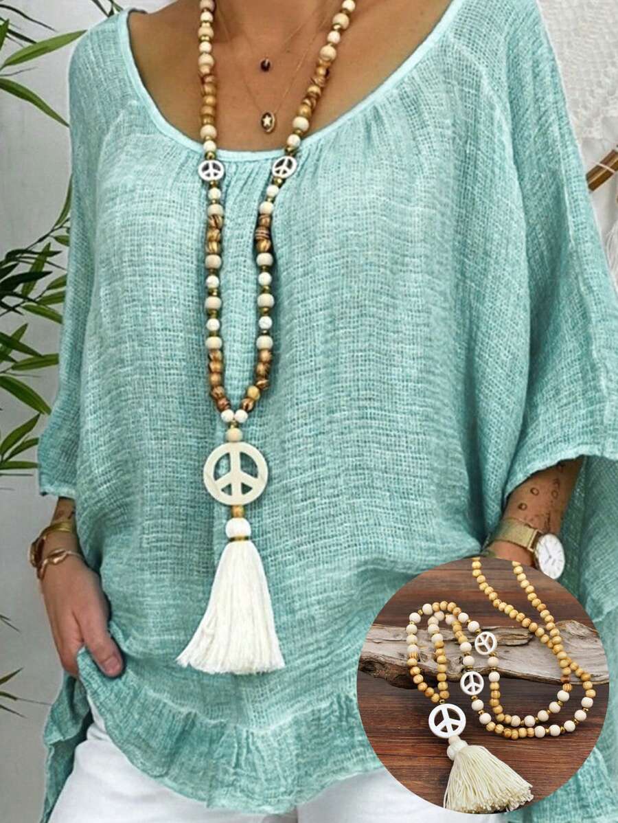 1pc Vintage Wooden Beads Tassel Necklace, Handmade Bohemian Peace Symbol Pendant For Women, Sweater Chain