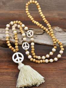 1pc Vintage Wooden Beads Tassel Necklace, Handmade Bohemian Peace Symbol Pendant For Women, Sweater Chain