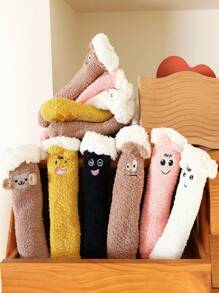 1對寶寶女孩動物表情珊瑚絨超過膝襪 - 棕色 - 查看 7