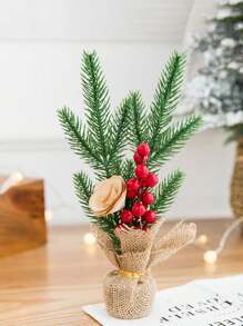 1pc Miniature Potted Red Fruited Tree For Tabletop, Window Display, Festival Scene Indoor Decoration - Multicolor - View 3
