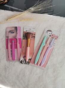 3 piezas sets conjuntos Navajas De Cejas y set pinzas de cejas y brocha de maquillaje - Rosa - Ver 2