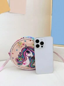 New Children's Round Messenger Bag Fashionable PU Leather Shoulder Bag Cute Unicorn Cartoon Pattern Small Round Bag Joker Girls Primary School Students Candy Storage Bag Sweet Zipper Leisure Bag Sequin coin purse shoulder strap adjustable for daily outings suitable for children and girls to travel and vacation use travel accessories - Pink - View 11