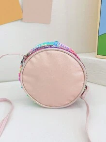 New Children's Round Messenger Bag Fashionable PU Leather Shoulder Bag Cute Unicorn Cartoon Pattern Small Round Bag Joker Girls Primary School Students Candy Storage Bag Sweet Zipper Leisure Bag Sequin coin purse shoulder strap adjustable for daily outings suitable for children and girls to travel and vacation use travel accessories - Pink - View 8