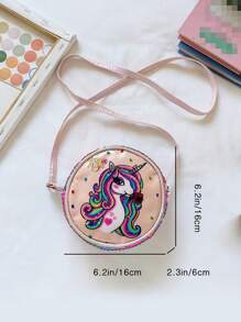 New Children's Round Messenger Bag Fashionable PU Leather Shoulder Bag Cute Unicorn Cartoon Pattern Small Round Bag Joker Girls Primary School Students Candy Storage Bag Sweet Zipper Leisure Bag Sequin coin purse shoulder strap adjustable for daily outings suitable for children and girls to travel and vacation use travel accessories - Pink - View 3