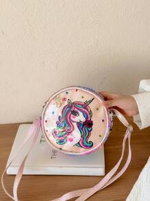 New Children's Round Messenger Bag Fashionable PU Leather Shoulder Bag Cute Unicorn Cartoon Pattern Small Round Bag Joker Girls Primary School Students Candy Storage Bag Sweet Zipper Leisure Bag Sequin coin purse shoulder strap adjustable for daily outings suitable for children and girls to travel and vacation use travel accessories - Pink - View 4